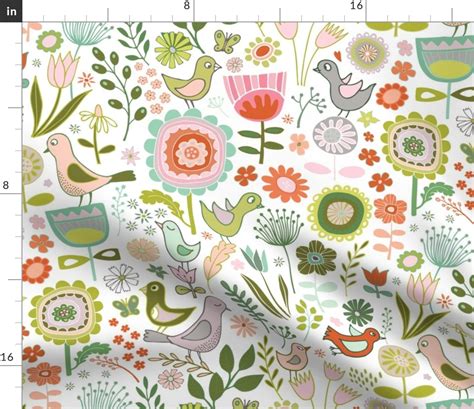 Birds Blooms Springtime Large Flowers Floral Spoonflower Fabric By The