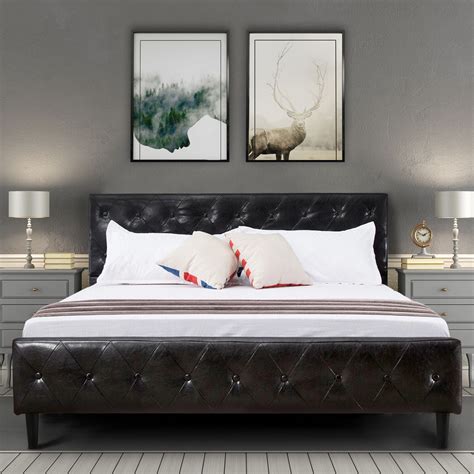Upholstered Faux Leather Platform Bed With Solid Wooden Slat Support