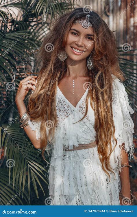 Beautiful Young Cheerful Boho Style Woman Outdoors Stock Photo Image