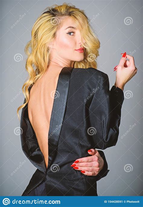 Tempting Woman Enjoy Wearing Oversize Jacket Fashion Concept His Jacket Suits Me Image Stock