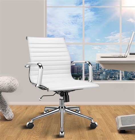 Luxmod White Adjustable Swivel Chair In Durable Vegan Leather Mid Back