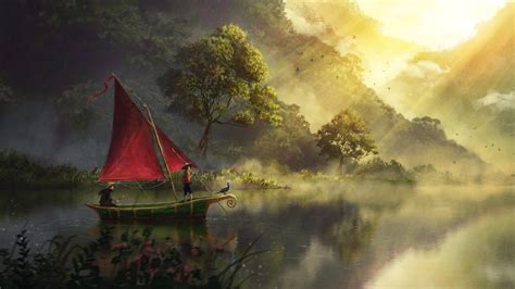 Artwork Fantasy Art Boat Sailing Nature River Trees Forest