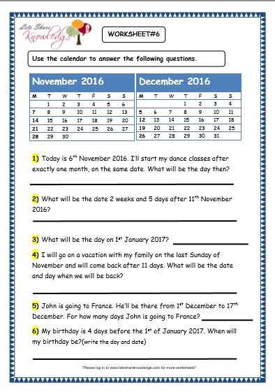 Grade 3 Maths Worksheets 93 Problem Solving With Calendars Lets