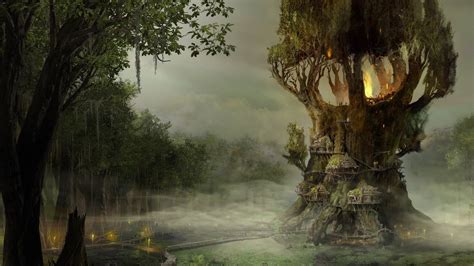 Tree Castle Illustration Fantasy Art Forest Drawing Digital Art Hd