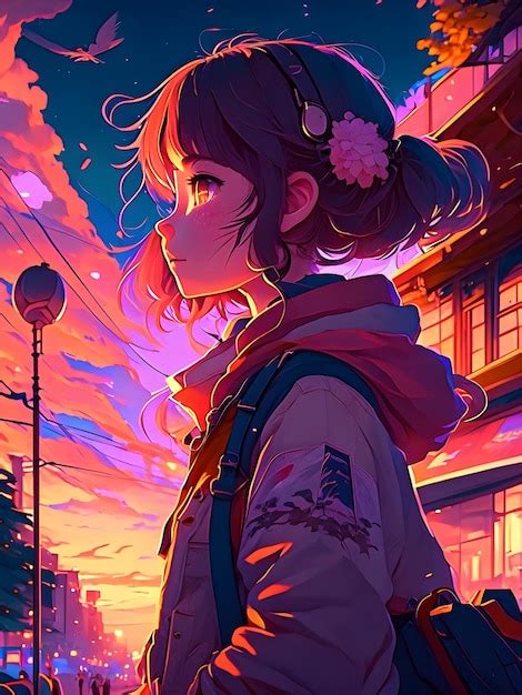 Premium Ai Image Anime Girl In The Sunset Illustration