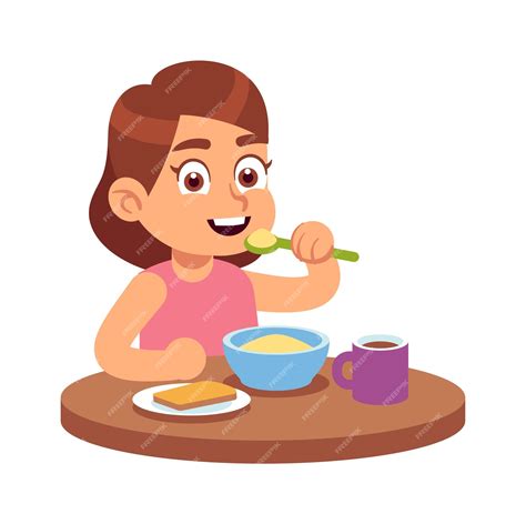 Premium Vector Cute Girl Eating Smiling Cute Hungry Toddler Sits At