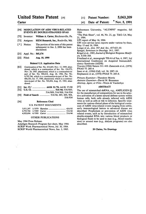 Patent Us5063209 Modulation Of Aids Virus Related Events By Double