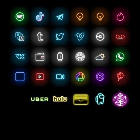 100 App Icons In Neon Lights Theme Ios14 App Icons Black For Etsy