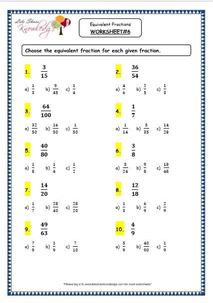 Grade 4 Math Worksheets Equivalent Fractions K5 Learning Equivalent