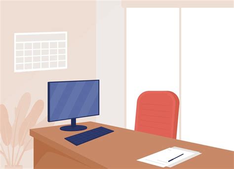 Employee Workplace Flat Color Vector Illustration Office Desk With