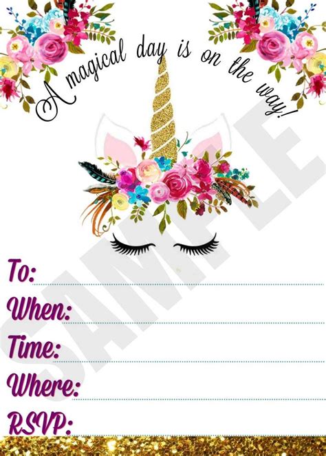 Unicorn Printable Invitation Floral Invite Watercolor Etsy Free