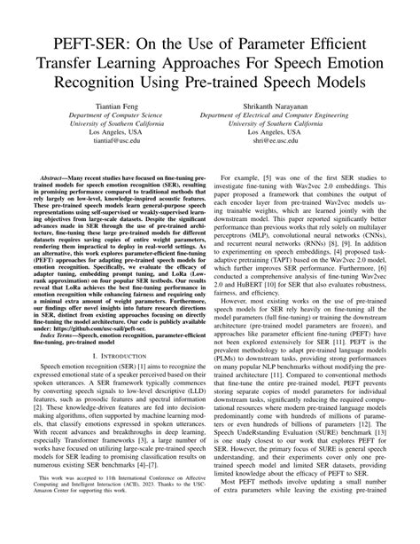 Pdf Peft Ser On The Use Of Parameter Efficient Transfer Learning Approaches For Speech