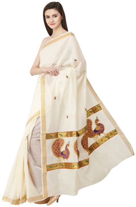 Ivory Kasavu Sari From Kerala With Embroidered Peacocks And Golden Border Exotic India Art