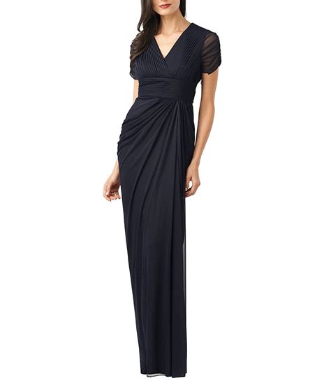 Adrianna Papell Ruched Short Sleeve Draped Gown Dillards