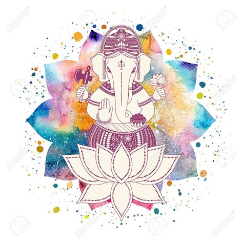 Ganesha Or Ganapati Indian Deity In The Hindu On Watercolor Lotus