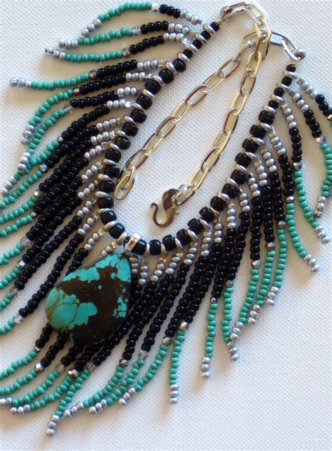 Native American Tribal Fringed Necklace In Black Silver Turquoise
