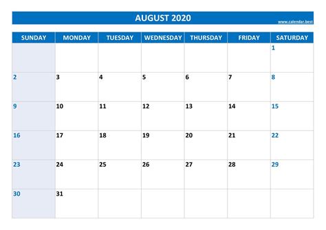 August Monthly Calendar For 2020 Year Royalty Free Vector Riset