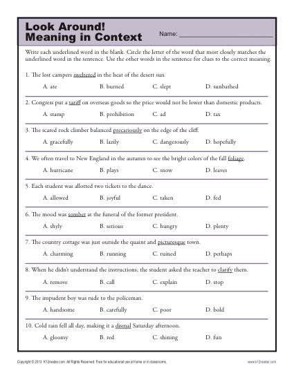 The free context clues worksheets will help them better understand the meaning of words that you are not familar with it sentences. Look Around! Meaning in Context | Context clues worksheets ...