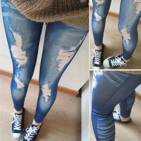 Women Ripped Denim Jean Look Skinny Leggings Slim Jeggings Trousers Bh