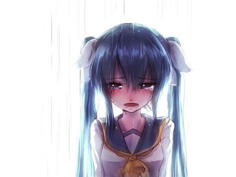 Sad Anime Girl Crying With Brown Hair And Blue Eyes