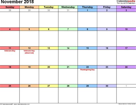 November 2018 Calendar Templates For Word Excel And Pdf