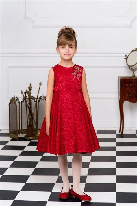 Custom Made Red Jacquard Dress With Asymmetric Skirt Kids By Brimad 954