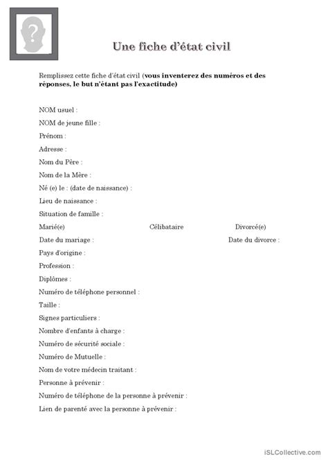 La fiche d état civil Français FLE fiches pedagogiques pdf doc