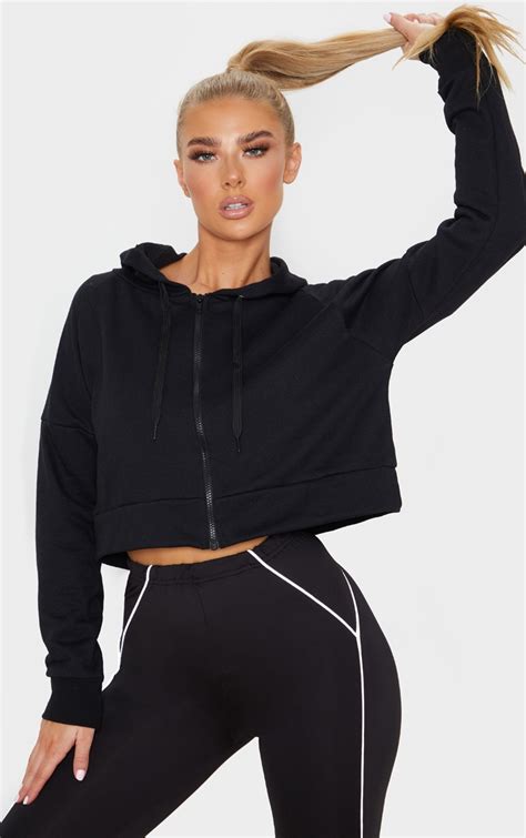 Prettylittlething Black Zip Up Cropped Hoodie Prettylittlething Uae