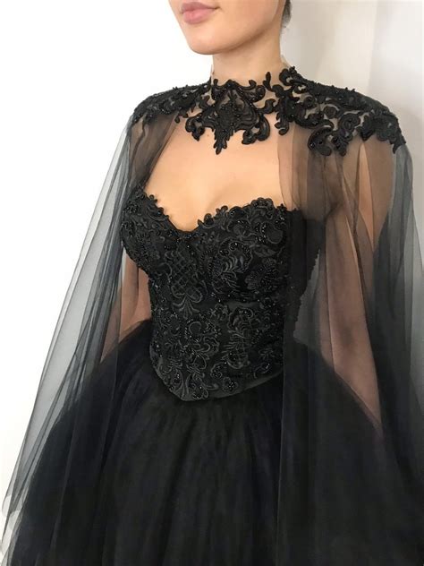 Black Gothic Corset Lace Wedding Dress With Cape Heavy Beading Fantas