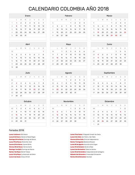 Calendario Ano Colombia Con Festivos