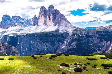 Dolomite Landscape With The Three Peaks Of Lavaredo Italy Stock Photo