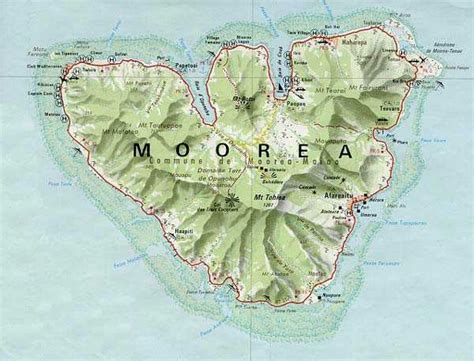 A Map Of Moorea Hawaii With The Island In The Middle And Mountains To