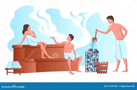 People In Sauna Men And Women Cartoon Characters Bathing In Spa Resort Vector Illustration