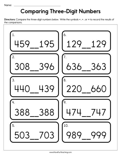 Comparing Two Three Digit Numbers Worksheets