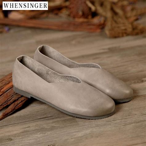 Whensinger Genuine Leather Flat Shoes Woman Hand Sewn Leather Loafers