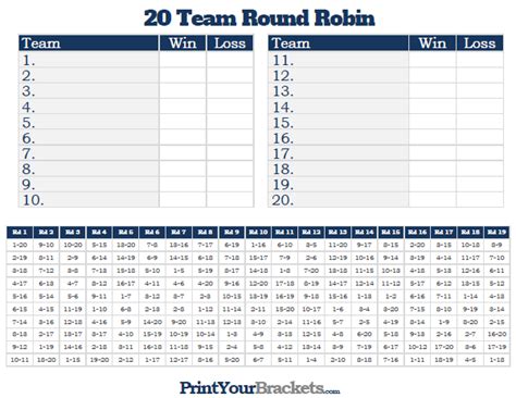 20 Team Round Robin Printable Tournament Bracket