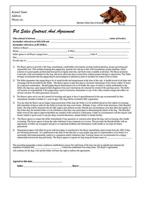 pet sales contract  agreement template printable