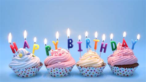 Happy Birthday With Cup Cakes Candles In Light Blue Background Hd Happy