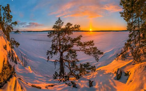 Wallpaper Lake Ladoga Russia Snow Winter Trees Sunset 1920x1200 Hd