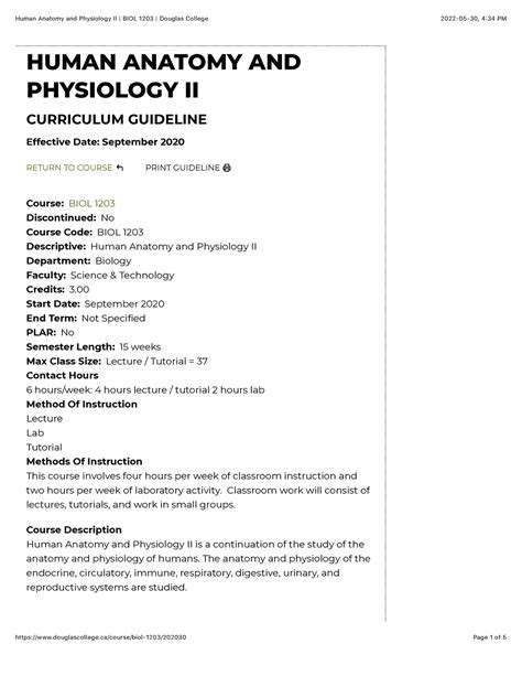 Human Anatomy And Physiology Ii Biol 1203 Douglas College Course Discontinued Course Code