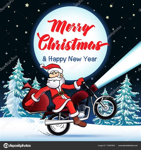 Santa Biker Merry Christmas And Happy New Year Greeting Card Stock