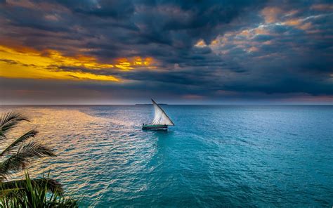 Sunset Sea Sky Sailing Ships Nature Landscape Water Tropical