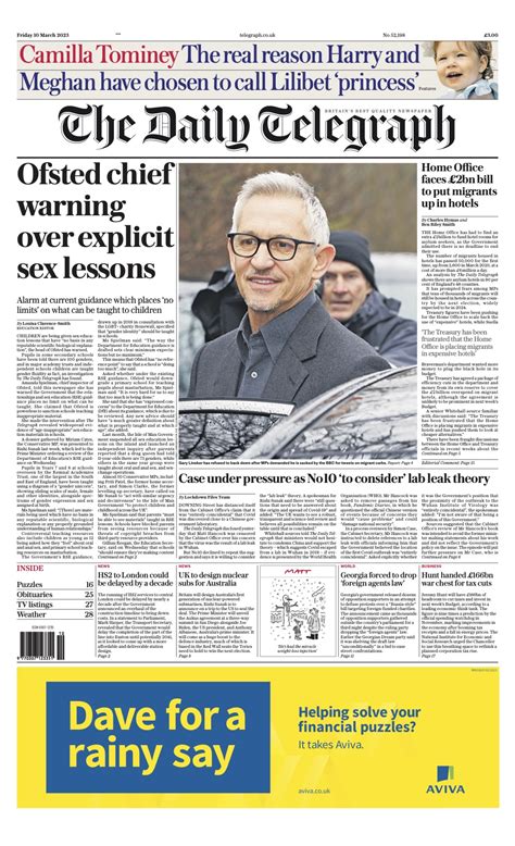 Daily Telegraph Front Page 10th Of March 2023 Tomorrows Papers Today