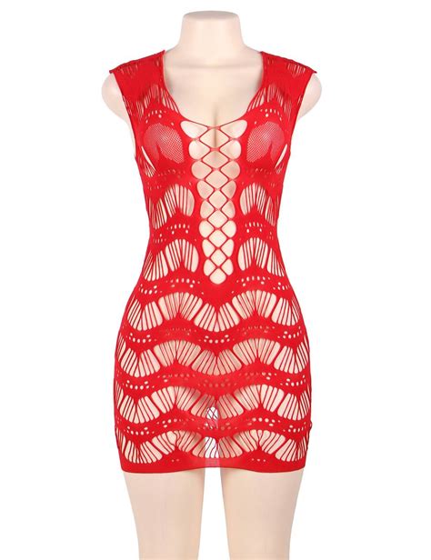 Plus Size Red Crocheted Lace Hollow Out Chemise Bodystocking Ohyeah