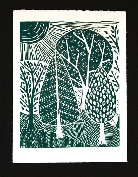 Forest Handmade Lino Print With Whimsical Trees And Leaves Etsy