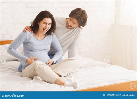 Prenatal Contractions Caring Husband Comforting His Pregnant Muslim Wife Suffering Abdominal