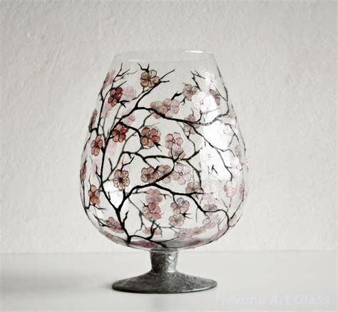 Sakura Cherry Blossom Hand Painted Glass Vase Centerpiece Big Brandy Glass Design Swarovski