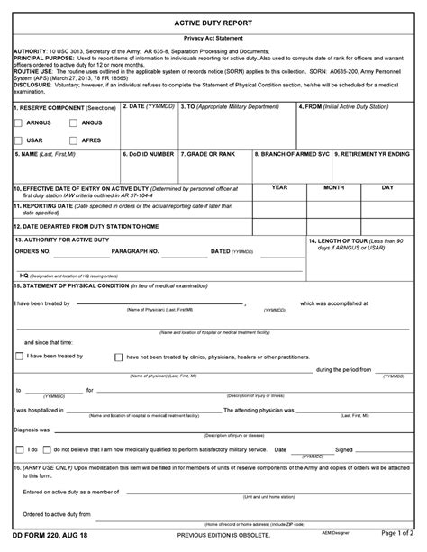 Dd Form 220 Download Fillable Pdf Active Duty Report Templateroller