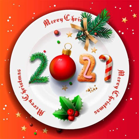 Feliz Navidad Y Próspero Año Nuevo 2021 Plato Navideño Vector Premium