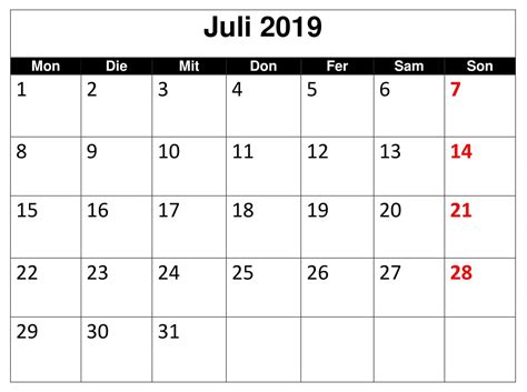 Excel Kalender Juli 2019